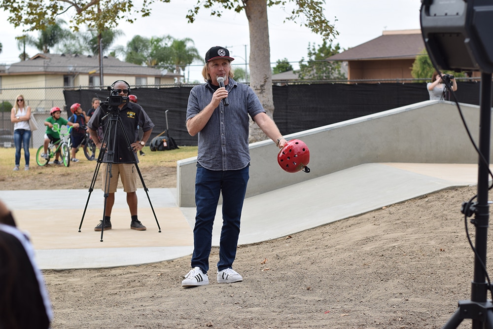 Spohn Ranch Skateparks president Aaron Spohn making a grand opening speech.