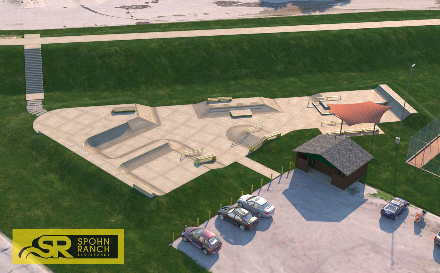 Skatepark in Waterloo Iowa Design and Built by Spohn Ranch with integrated sun shade