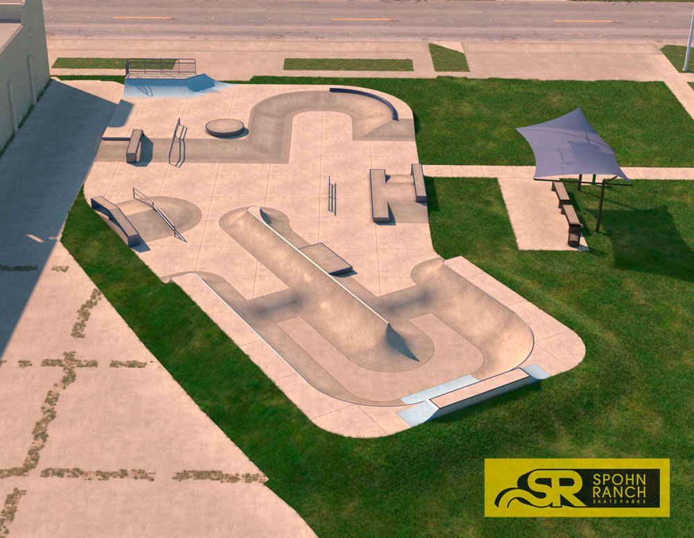 Enid Skatepark in Oklahoma With Wrap Around Bowl Hubba Rails and Sloppy Curb