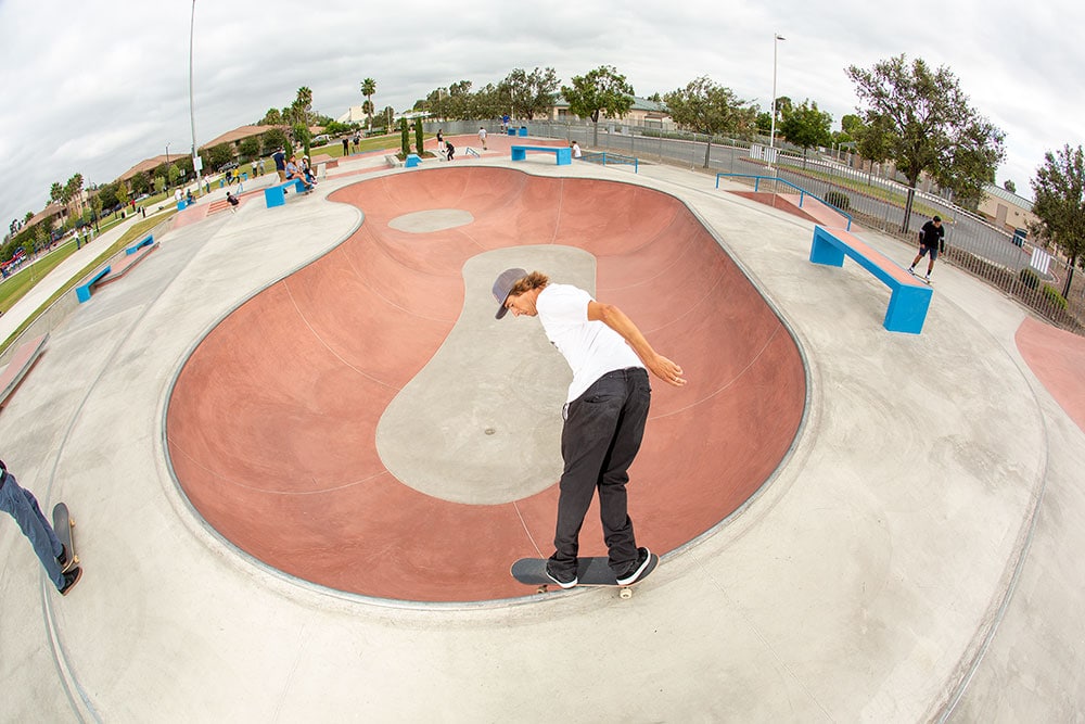 Backside Smith in the bowl of Tustin CA Skatepark