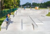 Backside 5.0 on the hubba of the Walton County skatepark