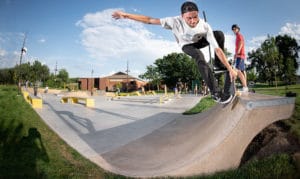 Nosepick at Shoreview Skatepark with transition and rails