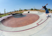 Backside Lip by Jake Wooten around the bowl of Perris Skatepark