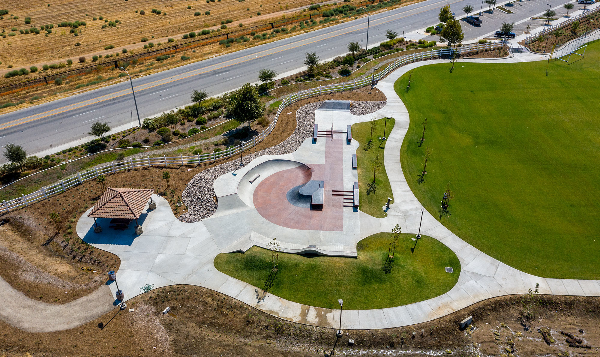 Embedded in a trail of trees and pathways Perris Skatepark