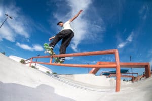 Switch Frontside boardslide handrail at Carrollwood Skatepark, Tampa FL designed and built by Spohn Ranch