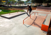 Noseblunt on the A-Frame at Gibson Mariposa Skatepark in El Monte, CA of Skateboard Professional Maurio McCoy