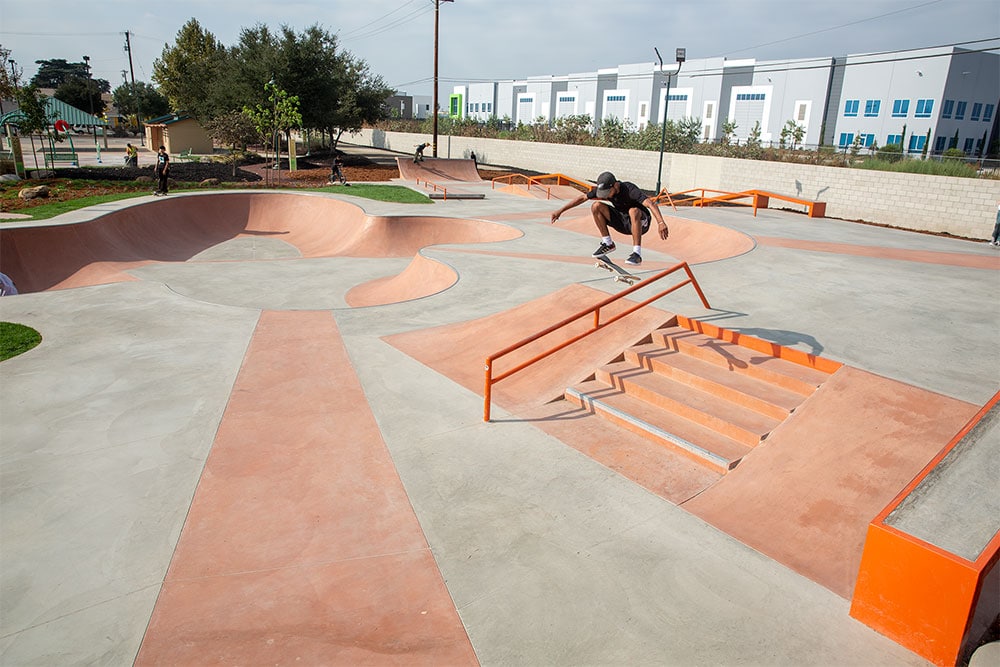 The street section with Maurio McCoy at Gibson Mariposa Skatepark in El Monte, CA