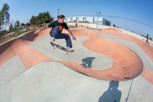 frontside ollie at the corner in the Gibson Mariposa Skatepark in El Monte, CA Butterfly bowl