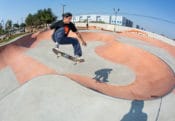 frontside ollie at the corner in the Gibson Mariposa Skatepark in El Monte, CA Butterfly bowl