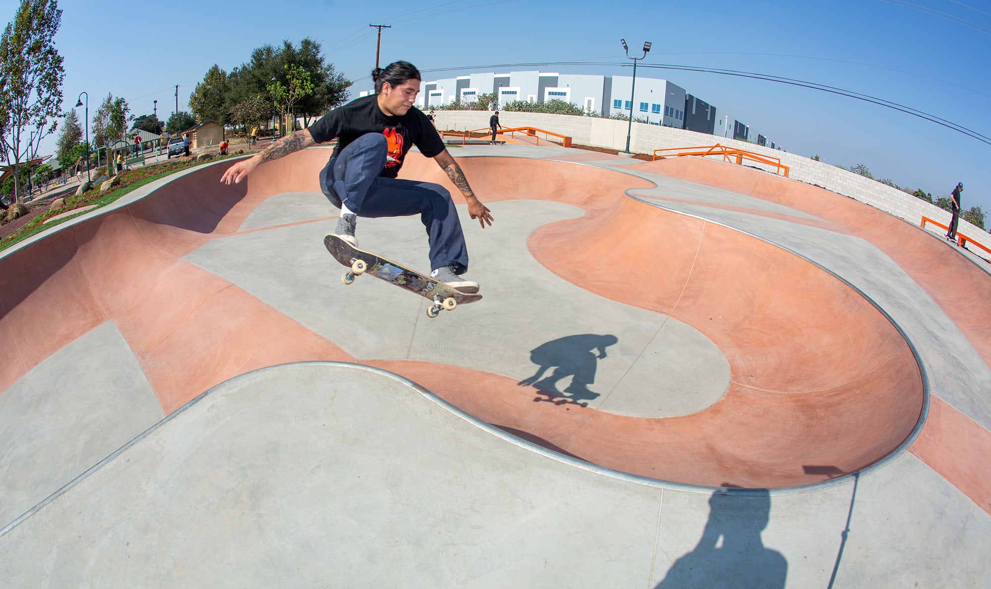 frontside ollie at the corner in the Gibson Mariposa Skatepark in El Monte, CA Butterfly bowl