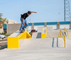 Smooth backside 5050 grind on the A frame Hubba at Waterloo Skatepark