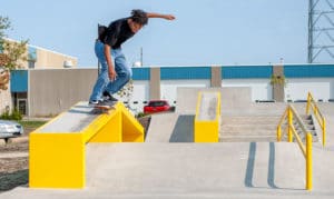 Smooth backside 5050 grind on the A frame Hubba at Waterloo Skatepark