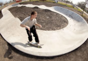 frontside carve in the pump track at Ed Day Memorial Skatepark in Gibson City, IL