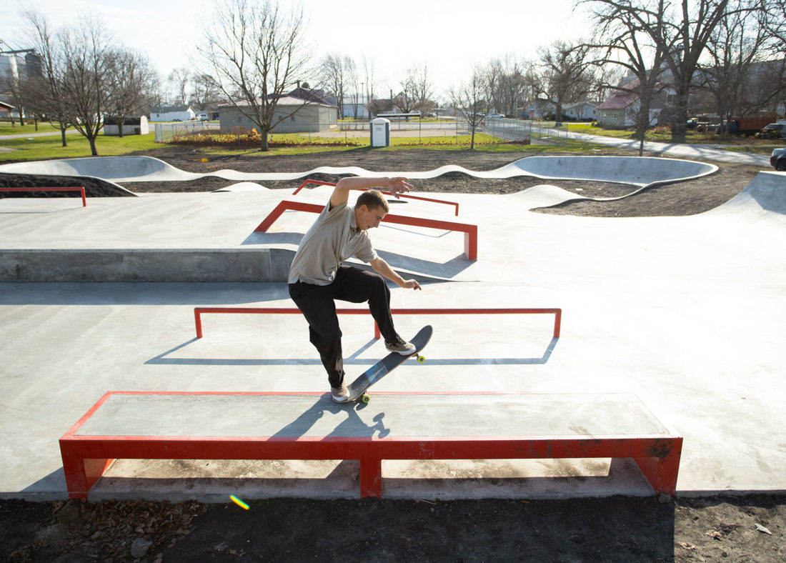 A super fast frontside 5.0 on the flat skatepark ledge at Gibson City Skatepark designed and built by Spohn Ranch
