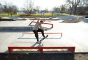 A super fast frontside 5.0 on the flat skatepark ledge at Gibson City Skatepark designed and built by Spohn Ranch