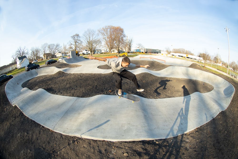 kick flip in the pump track at Ed Day Memorial Skatepark in Gibson City, IL