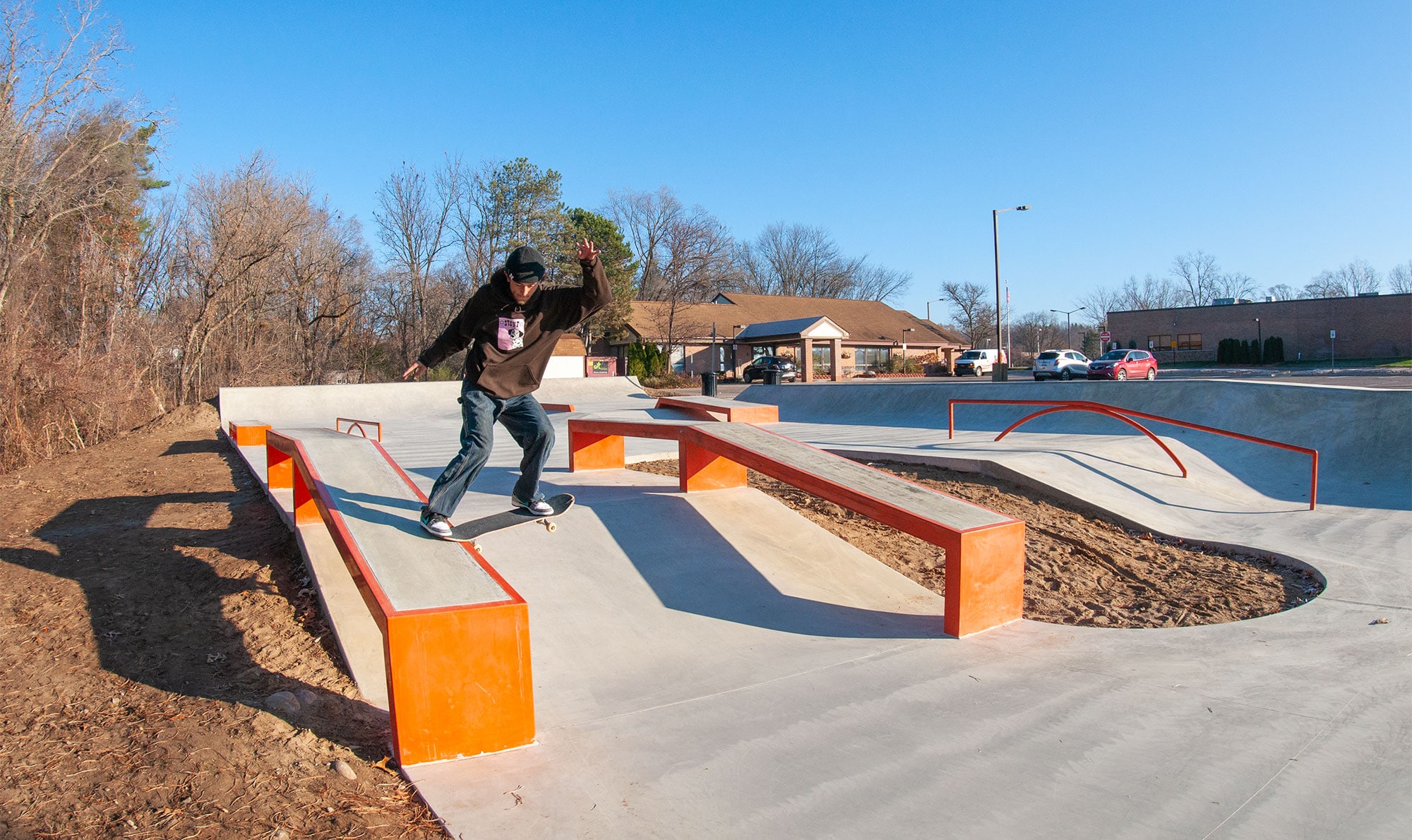 Frontside Tailslide on the hubba at a Spohn Ranch Skatepark located in Milford Michigan