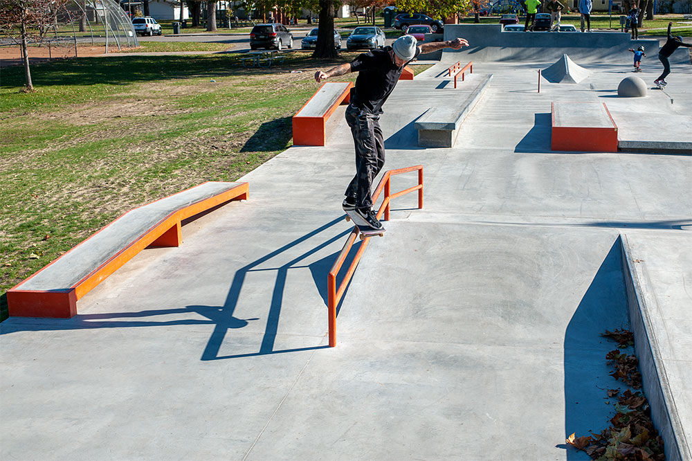 Spohn Ranch designed and built skatepark in West Des Moines Iowa features a grind rail for a backside smith