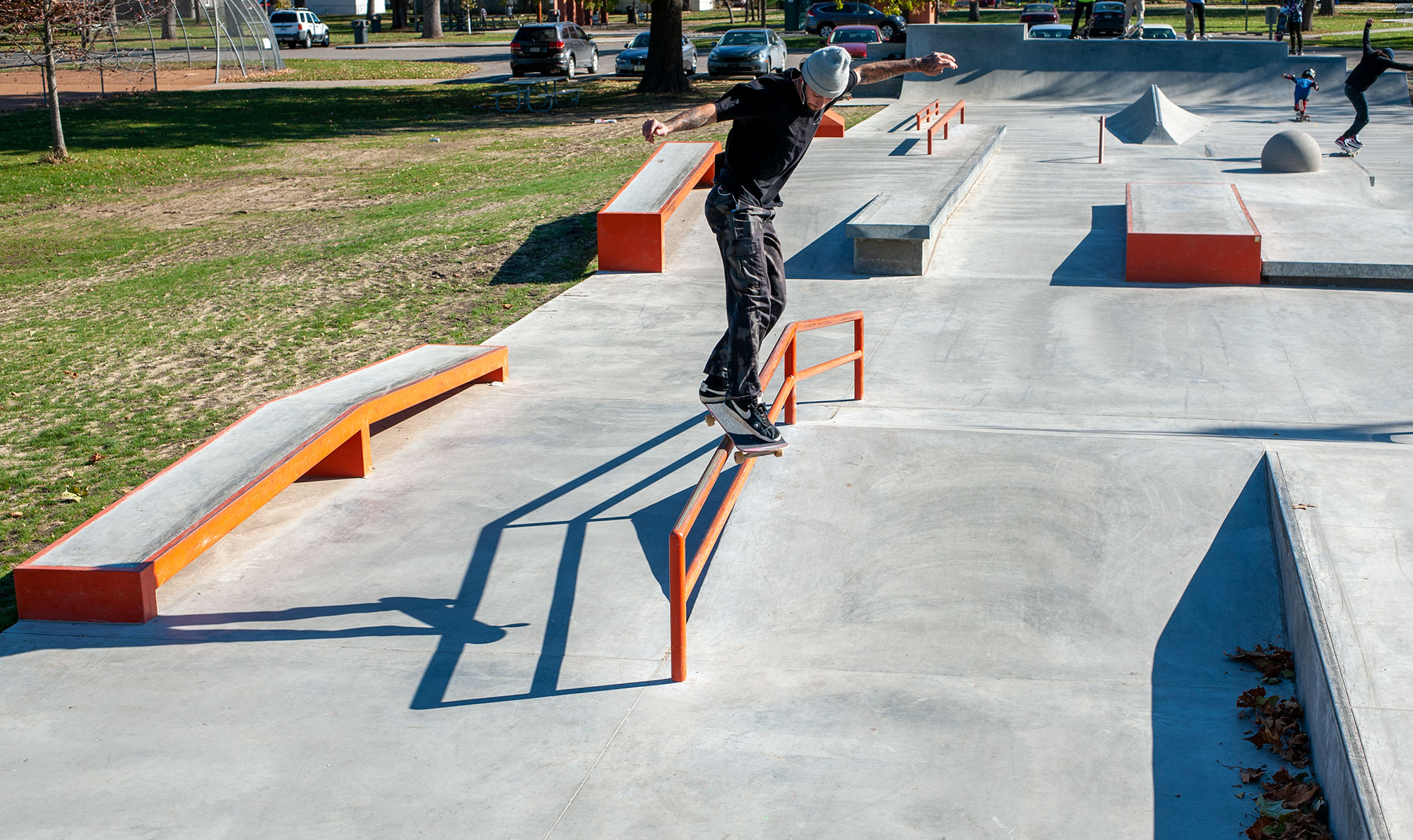 Spohn Ranch designed and built skatepark in West Des Moines Iowa features a grind rail for a backside smith