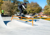 West Des Moines resident performs a Crooked Grind down the grind rail at the skatepark design and built by Spohn Ranch