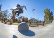 Treflip over the ball at West Des Moines Iowa Skatepark by Spohn Ranch