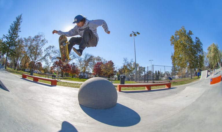 Treflip over the ball at West Des Moines Iowa Skatepark by Spohn Ranch