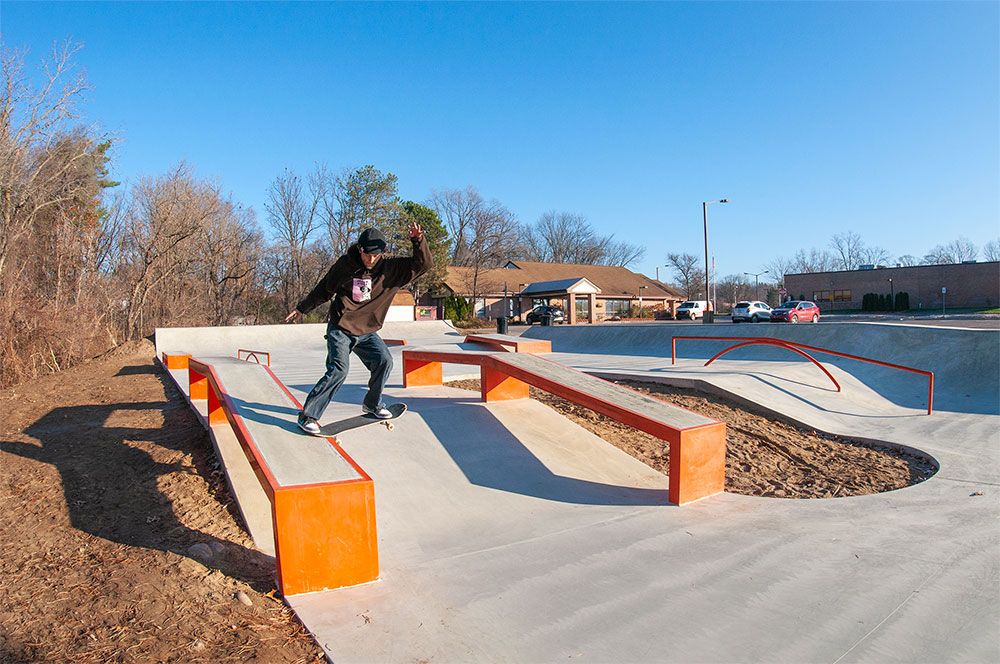 Frontside Tailslide on the hubba at a Spohn Ranch Skatepark located in Milford Michigan