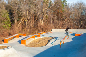 Frontside Feeble skatepark embedded in a forest designed and built by Spohn Ranch Skatepark Company