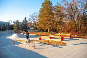 Skatepark filled with Rails, Hubbas, Ledges, Transition, Volcano and tons of shade