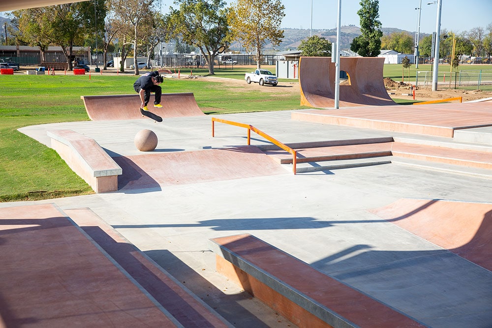 Matt Berger backside flips over a ball at La Puente Skatepark, Designed and Built by Spohn Ranch