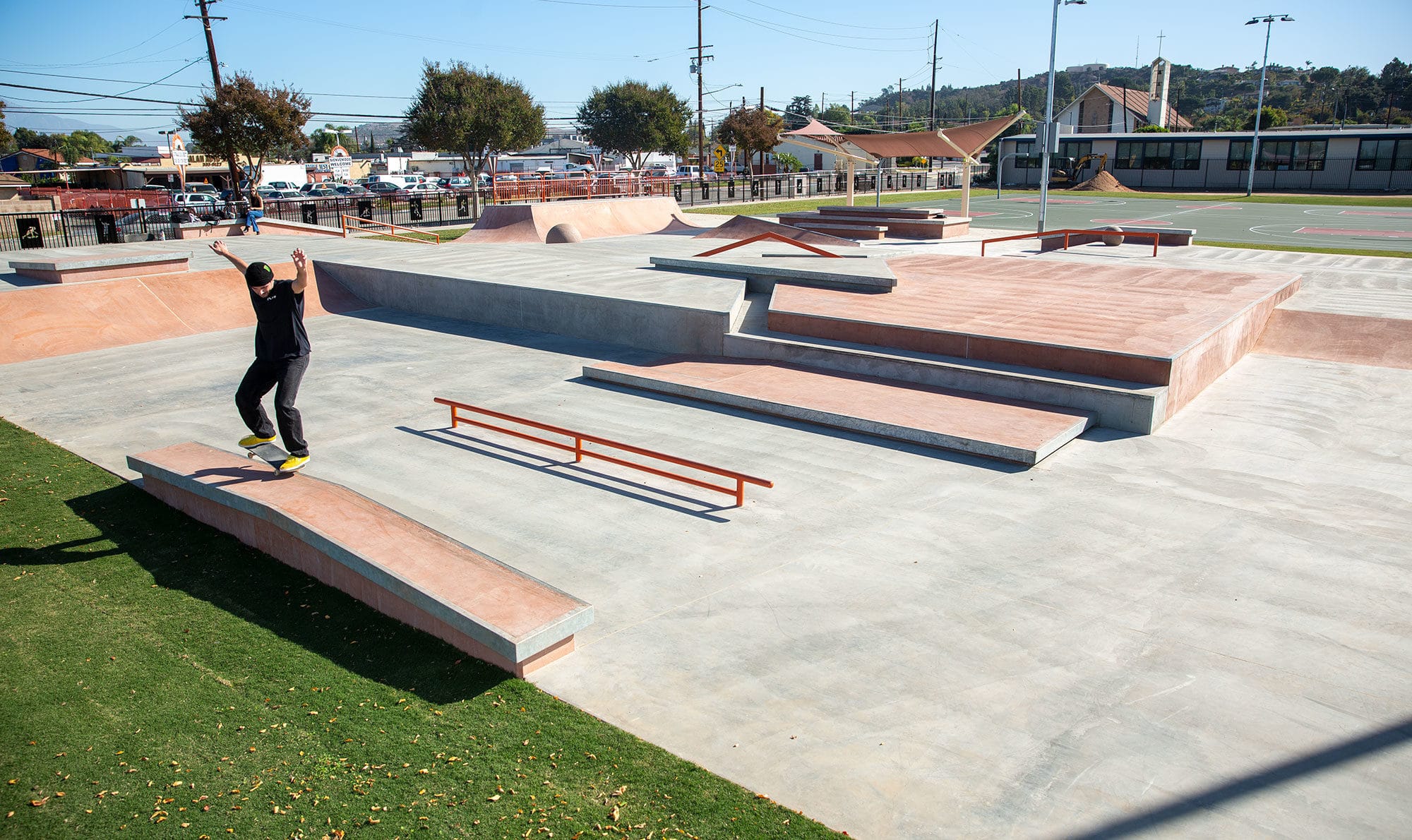 Nosegrind up and down the A Frame ledge by Flip Pro Matt Berger in La Puente, CA