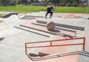 Flip Professional Matt Berger Switch Ollie over a bollard at La Puente Skatepark designed and built by Spohn Ranch