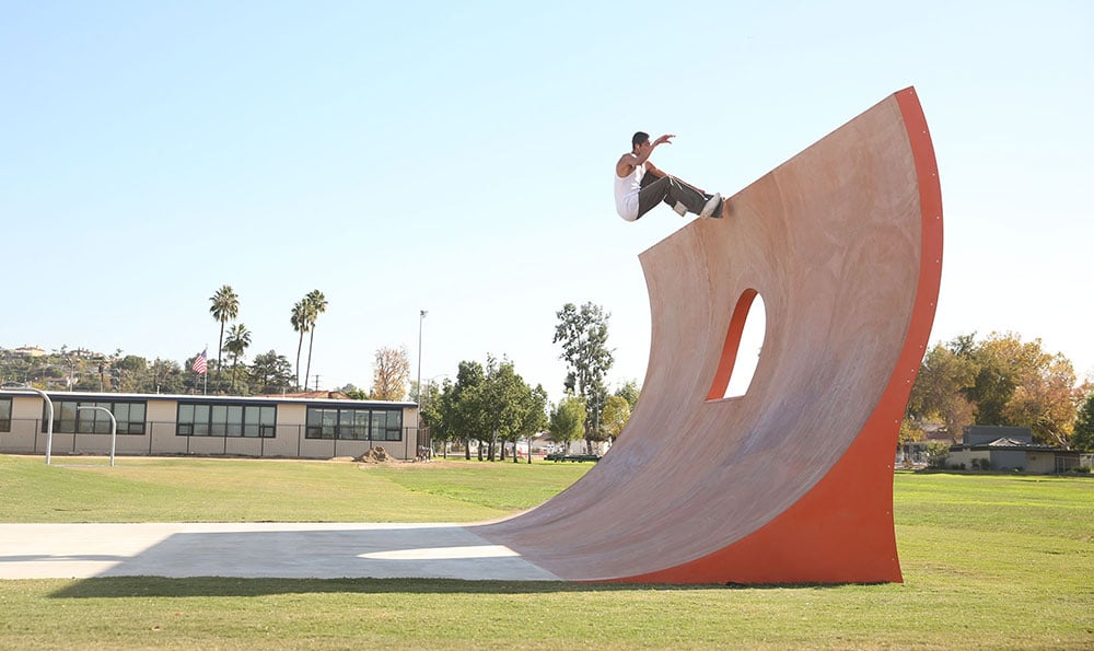 Powell Team Rider Vincent Luevanos Nosepick at the top of the La Puente Skatepark Vert Wall