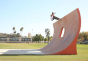 Powell Team Rider Vincent Luevanos Nosepick at the top of the La Puente Skatepark Vert Wall
