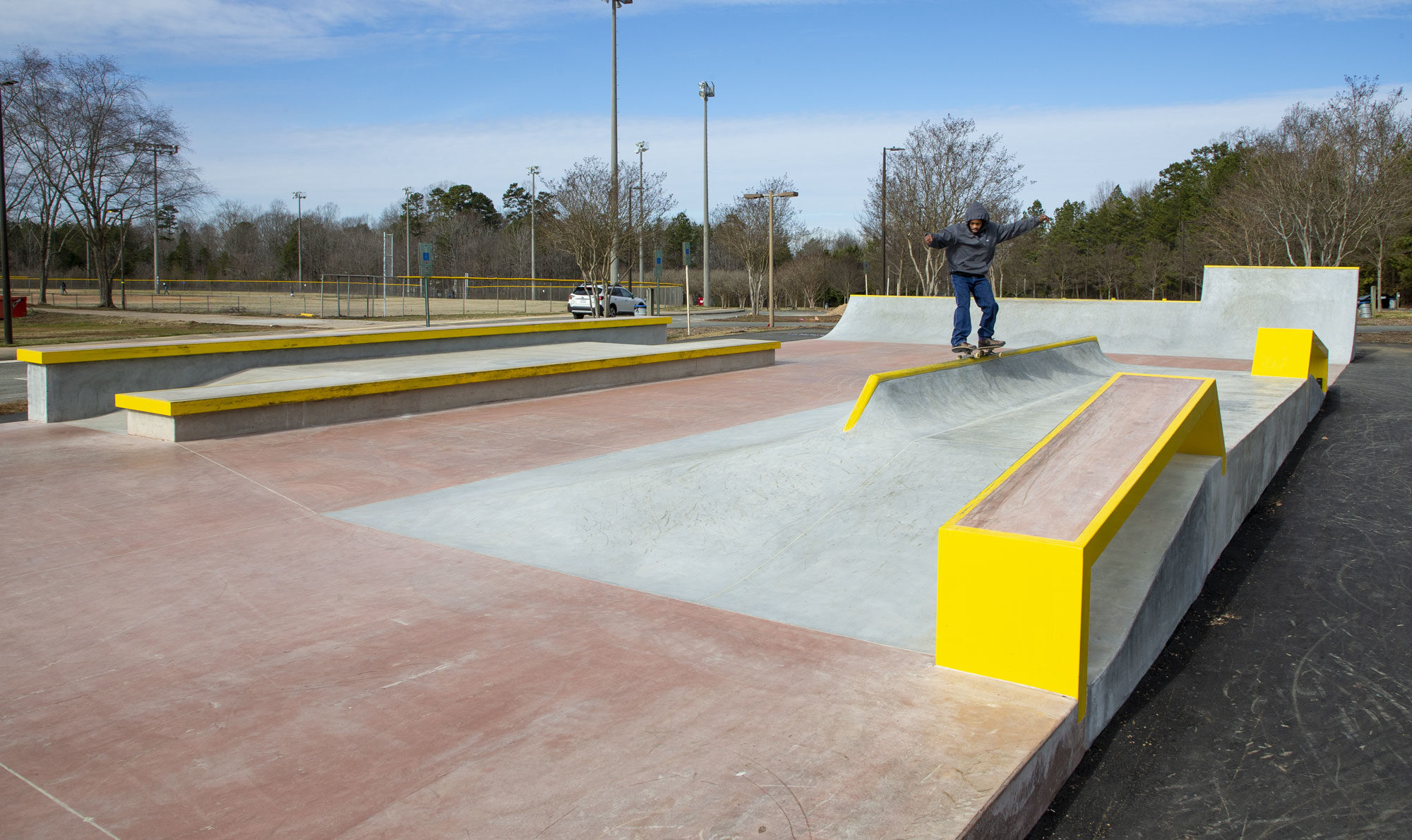 frontside 5050 on the bazooka skatepark rail at Spohn Ranch Skateparks build Mecklenburg Skatepark