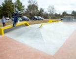 The upper platform complete with flatbar, and duel hubbas at Mecklenburg Skatepark