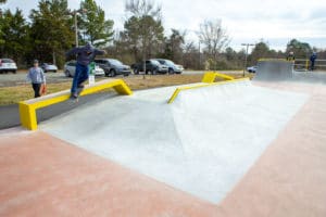 The upper platform complete with flatbar, and duel hubbas at Mecklenburg Skatepark