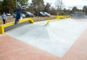 The upper platform complete with flatbar, and duel hubbas at Mecklenburg Skatepark