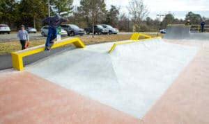 The upper platform complete with flatbar, and duel hubbas at Mecklenburg Skatepark