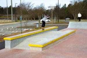 A Mecklenburg North Carolina Suski Grind on the bump to flat yellow ledge