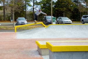 Backside tail on the hubba at the skatepark in North Carolina in Mecklenburg County