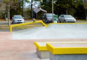 Backside tail on the hubba at the skatepark in North Carolina in Mecklenburg County