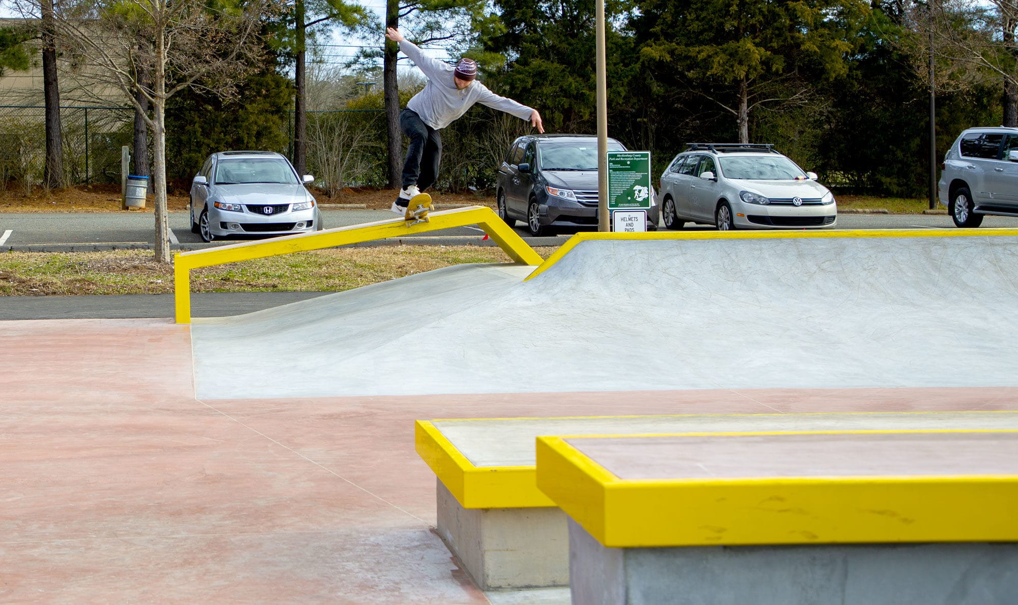 Backside tail on the hubba at the skatepark in North Carolina in Mecklenburg County