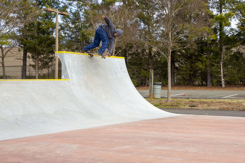 Malik Jordan backside crailtail at Mecklenburg Skatepark in North Carolina