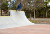 Malik Jordan backside crailtail at Mecklenburg Skatepark in North Carolina