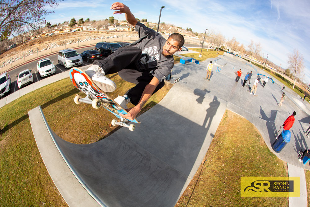 Powell Peralta Vincent Luevanos hitting the quarterpipe at Victorville Skatepark, CA