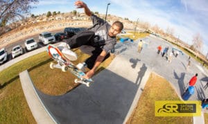 Powell Peralta Vincent Luevanos hitting the quarterpipe at Victorville Skatepark, CA