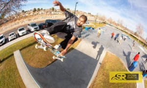 Powell Peralta Vincent Luevanos hitting the quarterpipe at Victorville Skatepark, CA