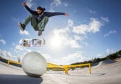 Heelflip over the bollard at Polk Skatepark in Florida