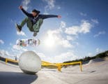 Heelflip over a skatepark bollard at Polk Skatepark in Florida